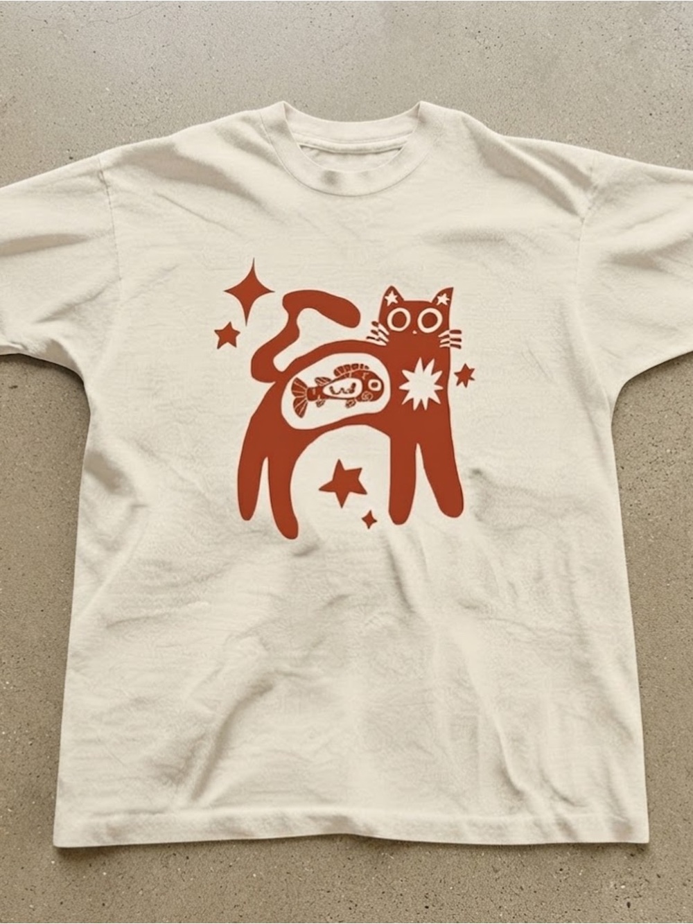Whimsical Cat and Fish Graphic Art Gildan Unisex Cotton T-shirt